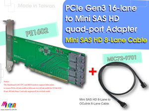 PCIe x16 Gen3 to Mini SAS HD (SFF-8643) quad-port Adapter with Mini SAS HD 8-Lane to OCulink (SFF-8611) 8-Lane Cable KIT PCIe x16 Gen3 to Mini SAS HD (SFF-8643) quad-port Adapter with Mini SAS HD 8-Lane to OCulink (SFF-8611) 8-Lane Cable KIT