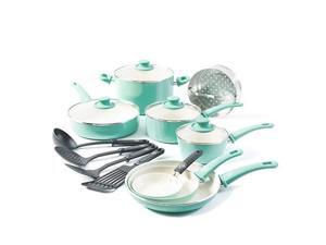 greenlife soft grip 16pc ceramic nonstick cookware set, turquoise greenlife soft grip 16pc ceramic nonstick cookware set, turquoise