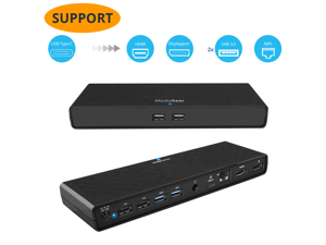 USB C Docking Station w/ Power Delivery to HDMI + DisplayPort Dual Display Video, USB 3.0 & 2.0, Ethernet, Combo Audio Jack, Bundle 65W AC Adapter, USB C Cable, USB C / A Dongle - Mac OS, Windows PC