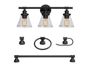 Parker 5-Piece All-in-One Bathroom Set, Oil Rubbed Bronze, 3-Light Vanity Light with Clear Glass Shades, Towel Bar, Towel Ring, Robe Hook, Toilet Paper Holder,50192 Parker 5-Piece All-in-One Bathroom Set, Oil Rubbed Bronze, 3-Light Vanity Light with Clear Glass Shades, Towel Bar, Towel Ring, Robe Hook, Toilet Paper Holder,50192