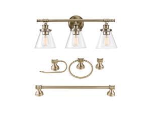 Globe Electric 51381 Parker 5-Piece All-In-One Bathroom Set, 3-Light Vanity, Bar, Towel Ring, Robe Hook, Toilet Paper, Antique Brass Globe Electric 51381 Parker 5-Piece All-In-One Bathroom Set, 3-Light Vanity, Bar, Towel Ring, Robe Hook, Toilet Paper, Antique Brass