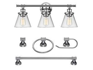 Globe Electric 51234 5-Piece Parker All-in-One Bath Set, 3-Light Vanity, Bar, Towel Ring, Robe Hook, Toilet Paper Holder, Chrome Finish Globe Electric 51234 5-Piece Parker All-in-One Bath Set, 3-Light Vanity, Bar, Towel Ring, Robe Hook, Toilet Paper Holder, Chrome Finish