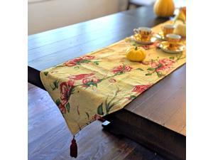 Tache Floral Red Roses Birds Golden Woven Table Runner - Vintage Tapestry Kitche