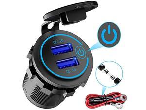 quick charge 3.0 dual usb charger socket, waterproof 12v/24v usb outlet qc 3.0 dual charger socket with touch switch diy kit for car, golf cart, boat, rv, motorcycle, truck and more