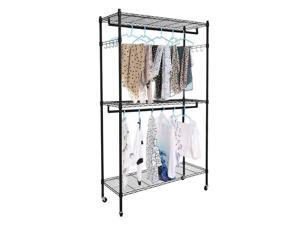 2Tier Rod Closet Organizer Garment Rack Clothes Storage Hanger Shelf Hooks Black 2Tier Rod Closet Organizer Garment Rack Clothes Storage Hanger Shelf Hooks Black