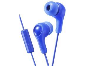 BLUE GUMY In ear earbuds with stay fit ear tips and MIC.  Wired 3.3ft colored cord cable with headphone jack.  Small, medium, and large ear tip earpieces included.  JVC GUMY HAFX7MA