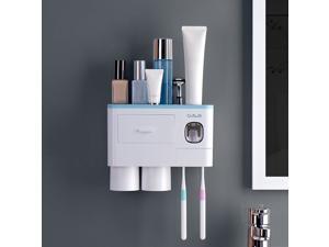 Punch-Free Wall-Mounted Toothbrush Holder Bathroom Rack Top Shelf 2 cup blue