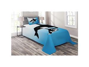 Whale Coverlet Set Twin Size Orca Family Mother and Baby Swimming in The Ocean Children Parenthood Theme 2 Piece Decorative Quilted Bedspread Set with 1 Pillow Sham White Black