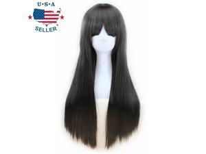 Women’s Black Long Straight Hair Wig With Bangs Heat Resistant Daily Cosplay Cap Women’s Black Long Straight Hair Wig With Bangs Heat Resistant Daily Cosplay Cap