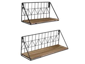 Set of 2 Wall Flong Shelf Rustic Wood Storage W/Metal Wire Display Kitchen US