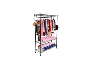 3-Tiers Large Size Heavy Duty Wire Shelving Garment Rolling Rack Clothing Rack with Double Clothes Shelves and Lockable Wheels+1 Pair Side Hooks,Black 3-Tiers Large Size Heavy Duty Wire Shelving Garment Rolling Rack Clothing Rack with Double Clothes Shelves and Lockable Wheels+1 Pair Side Hooks,Black