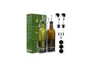 17oz Olive Oil Dispenser Bottle Set with Stainless Steel Holder Rack - 500ml Glass Oil & Vinegar Cruet with No-drip Pourers, Funnel, and Labels - Dark Green & Brown