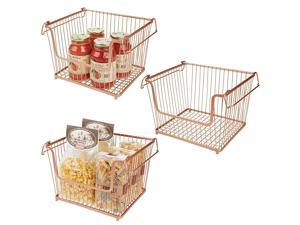 Modern Stackable Metal Food Storage Organizer Bin Basket with Handles, Open Front for Kitchen Cabinets, Pantry, Closets, Bedrooms, Bathrooms - Large, 3 Pack - Copper