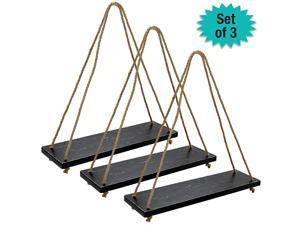 Distressed Wood Hanging Shelves: 17-Inch with Swing Rope Floating Shelves (Black - Pack of 3)
