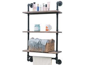 Pipe Shelf,Rustic Wall Shelf with Towel Bar,24" Towel Racks for Bathroom,3 Tiered Pipe Shelves Wood Shelf Shelving