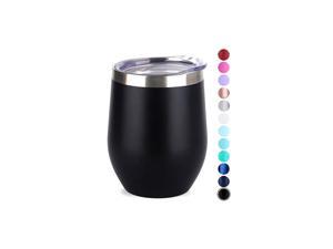 Vacuum Insulated Wine Tumbler with Lid (Black), Stemless Stainless Steel Insulated Wine Glass 12oz, Double Wall Durable Coffee Mug, for Champaign, Cocktail, Beer, Office use