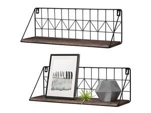 Floating Shelves Wall Mounted Set of 2 Rustic Modern Wood Wall Storage Shelves with Black Metal Wire Display Shelf for Bedroom Living Room Bathroom Kitchen Office,Brown,Medium