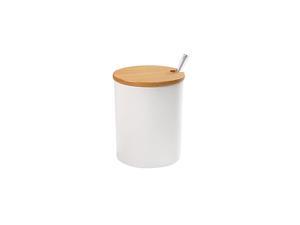 Sugar Bowl,  Ceramic Sugar Bowl with Sugar Spoon and Bamboo Lid for Home and Kitchen, Elegant Design, White, 10.8 FL OZ (320 ML)
