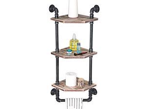 Industrial Pipe Shelf,Rustic Corner Shelves with Towel Bar,Bathroom Shelves Wall Mounted,3 Tiered Metal&Real Wood Home Decor Floating Shelves