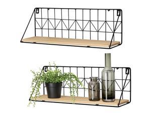 Floating Shelves Wall Mounted Set of 2 Modern Wood Wall Display Shelf with Black Metal Mesh Storage Shelving Home Room Decor for Bedroom Kitchen Living Room Bathroom Office, 17 Inch