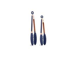 Stainless Steel Silicone Tipped Kitchen Food BBQ and Cooking Tongs Set of Two 9” and 12” for Non Stick Cookware, BPA Fee, Stylish, Sturdy, Locking, Grill Tongs, Rose Gold and Navy