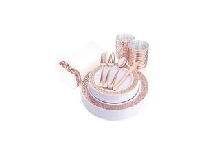 160pcs Lace Dinnerware Set, 20 Rose Gold Dinner Plates 10.25", 20 Dessert Plates 7.5", 40 Forks, 20 Spoons, 20 Knives, 20 Plastic Cups 10oz, 20 Linen Like Paper Napkins 160pcs Lace Dinnerware Set, 20 Rose Gold Dinner Plates 10.25", 20 Dessert Plates 7.5", 40 Forks, 20 Spoons, 20 Knives, 20 Plastic Cups 10oz, 20 Linen Like Paper Napkins