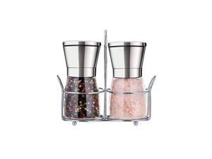 Salt and Pepper Grinder Set with Stand Stainless Steel Manual Spice Adjustable Coarseness with Five Grinding Level Pepper Mill Grinders Shakers Set with Silicone Funnel (Pack of 2)