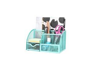 Mesh Desk Organizer Office with 7 Compartments + Drawer / Desk Tidy Candy/Pen Holder/Multifunctional Organizer EX348 Turquoise / Teal Color Mesh Desk Organizer Office with 7 Compartments + Drawer / Desk Tidy Candy/Pen Holder/Multifunctional Organizer EX348 Turquoise / Teal Color