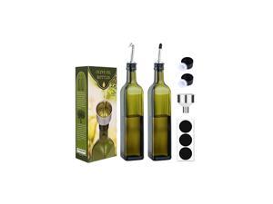 2 PACK] 17 oz Glass Olive Oil Dispenser Bottle Set - 500ml Dark Green Oil & Vinegar Cruet Bottle with Pourers, Funnel and Labels - Olive Oil Carafe Decanter for Kitchen