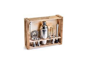 Bartender Kit: 11-Piece Bar Tool Set with Rustic Wood Stand - Perfect Home Bartending Kit and Cocktail Shaker Set For an Awesome Drink Mixing Experience (Silver)