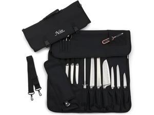 Knife Roll Bag (14 slots) Holds 10 Knives PLUS Meat Cleaver, Utility Pocket, AND 4 Tasting Spoons! Our Durable Knife Carrier Includes Shoulder Strap and Name Card Holder. (Knives Not Included)