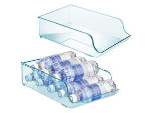 Wide Plastic Kitchen Water Bottle Storage Organizer Tray Rack - Holder and Dispenser for Refrigerators, Freezers, Cabinets, Pantry, Garage - 2 Pack - Sea Blue