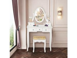 Costway Vanity Table Dressing Table 5 Make Up Table Stool White