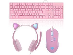 Pink Keyboard and Mouse and Headset LED Backlit Wired Keyboard and Mouse Combo RGB Over Ear Headphone with Mic for Computer PC Laptop Xbox One PS4 PS5 Gaming - Pink