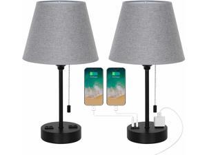 Modern Design Gray Fabric Shade Bedside Table Lamp  Dual USB Ports AC Outlets