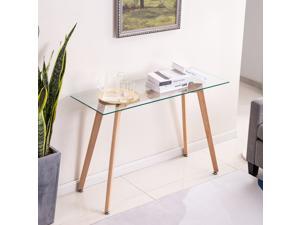 ivinta Narrow Glass Desk Modern Glass Console Table Glass Writing Desk Small Dining Table Small Computer Desk Entryway Table Narrow Desk Small Desks Glass Top Desk for Small Spaces Wooden Leg