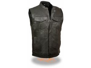Men's Basic Leather Motorcycle Vest w/ 2 Inside Gun Pockets Collared & No Collar versions