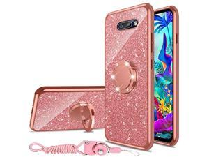 For Lg G8x Thinq Case,Lg V50s Thinq Case Glitter Luxury Sparkles Tpu Slim Cute For Women Girls With Kickstand, Bling Diamond Rhinestone Ring Stand & Strap Case For Lg G8x Thinq-Rose Gold