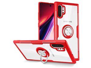 Galaxy Note 10+ Plus/5G Case, Samsung Galaxy Note 10+ Case,Carbon Fiber Design Anti-Fingerprints Crystal Clear Cover With Rotation Finger Ring Kickstand [Work With Magnetic Car Mount],Red