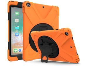 iPad 9.7 Case, Heavy Duty Case Tempered Glass Screen Protector Cover Kickstand Handle Carrying Sling Strap for Apple iPad 5th 6th Gen 2017 2018 (Orange)