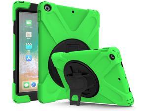 iPad 9.7 Case, Heavy Duty Case Tempered Glass Screen Protector Cover Kickstand Handle Carrying Sling Strap for Apple iPad 5th 6th Gen 2017 2018 (Green)