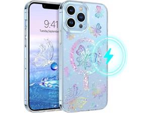 Case for iPhone 13 Pro Max Compatible with MagSafe Cute Magnetic Transparent Glitter Butterfly Pattern Slim Bling Sparkle Women Girly Soft Shockproof Protective Phone Cover 67 Inch Clear