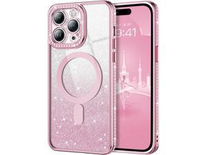 Design for iPhone 14 Pro Max Case Compatible with MagSafe Magnetic Glitter Cute Slim Clear Women Girly Bling Diamond Sparkle Plating Soft Shockproof Protective Phone Cover 67 Inch Pink