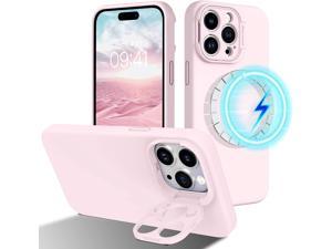 Case for iPhone 14 Pro Max Compatible with MagSafe Slim Soft Liquid Silicone with Camera Ring Holder Kickstand Microfiber Lining Shockproof Protective Phone Cover 67 Inch Chalk Pink