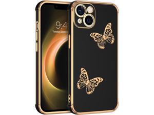 Design for iPhone 13 Case Slim Soft Luxury Electroplated Butterfly Gold Edge Back Cover Women Men Girls Raised Full Camera Protection Bumper Shockproof Protective Phone Case 61 inch Black
