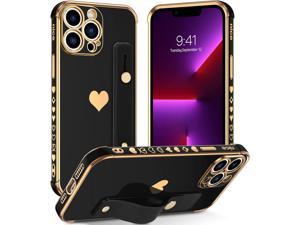 iPhone 13 Pro Max Case 67 Inch with Kickstand Heart Pattern Finger Loop Stand Holder Women Girls Slim Love Plating Hand Wrist Strap Soft Silicone Shockproof Protective Phone Cover Black