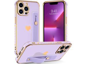iPhone 13 Pro Max CaseWomen Girls Love Plating Hearts Pattern Wristband Holder Kickstand Hand Strap Slim Soft Shockproof Protective Phone Cases Cover for Apple iPhone 13 Pro MaxPurple
