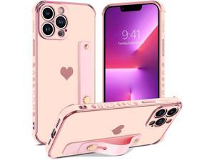 Case for iPhone 13 Pro Max 67 inch with Finger Loop Holder Kickstand Love Plating Hearts Pattern Wristband Women Girls Slim Soft Shockproof Protective Phone Cover Pink