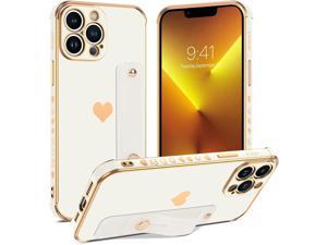 Designed for iPhone 13 Pro Max Case 2021 67 InchHeart Pattern Love Plating Wristband Holder Kickstand Finger Loop Slim Soft Women Girls Shockproof Protective Phone Cases Cover White