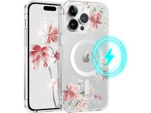 Case for iPhone 14 Pro Max Compatible with MagSafe Magnetic Clear Floral Pattern Design Transparent Women Girls Slim Soft Cute Shockproof Protective Phone Cases Cover 67 Inch Pink Flower